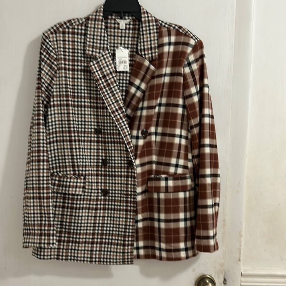 NWT Cato JM Sportswear Women’s Double Breasted Brown Plaid Suit Blazer Jacket.